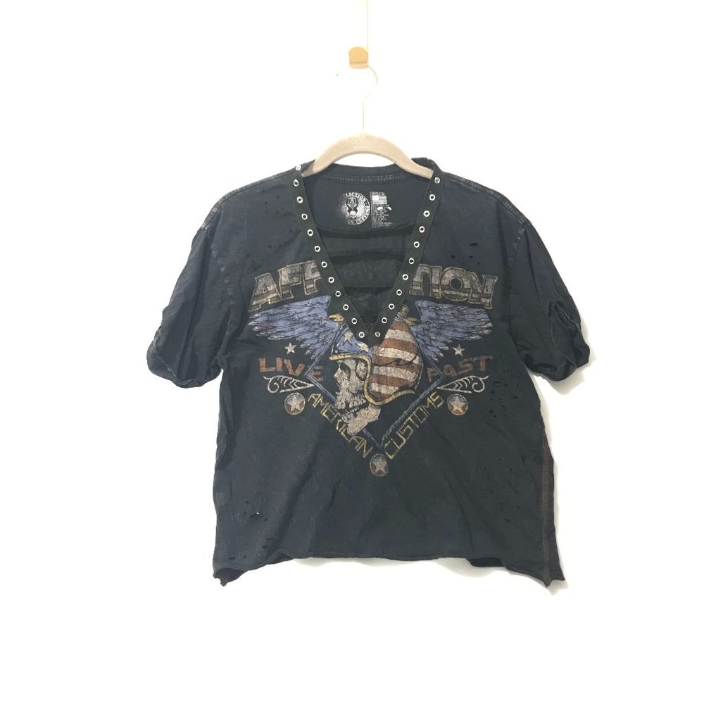 Affliction American Custom Womens M Distressed Deep V-Neck Cropped Short Sleeve